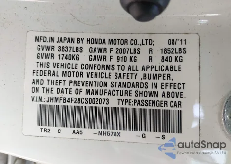 2012 Honda Civic Hybrid from USA, damaged, VIN JHMFB4F28CS002073